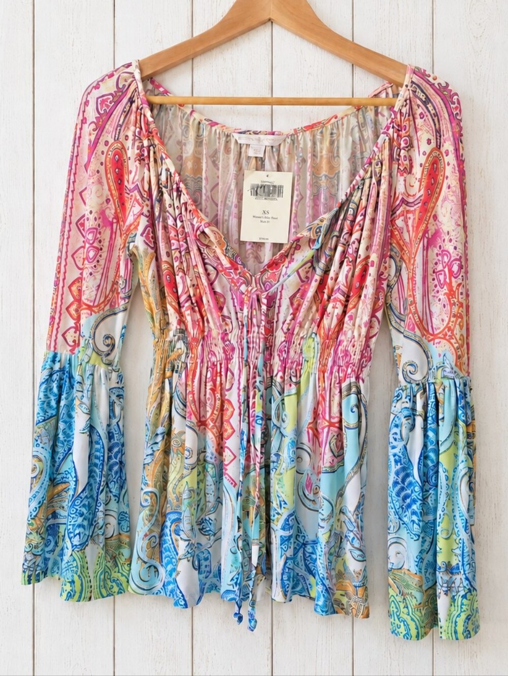NWT Boston Proper Boho Multicolor Paisley Blouse with Bell Sleeves Size XS